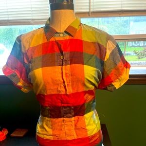 Multi color J Crew half button up top, never worn